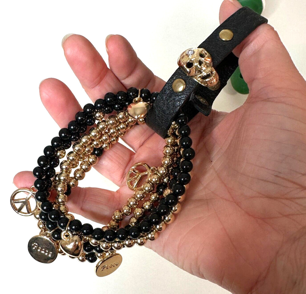 NWOT Macy's Black & Gold Multilayer Skull Heart Peace Bead Leather Wrap Bracelet